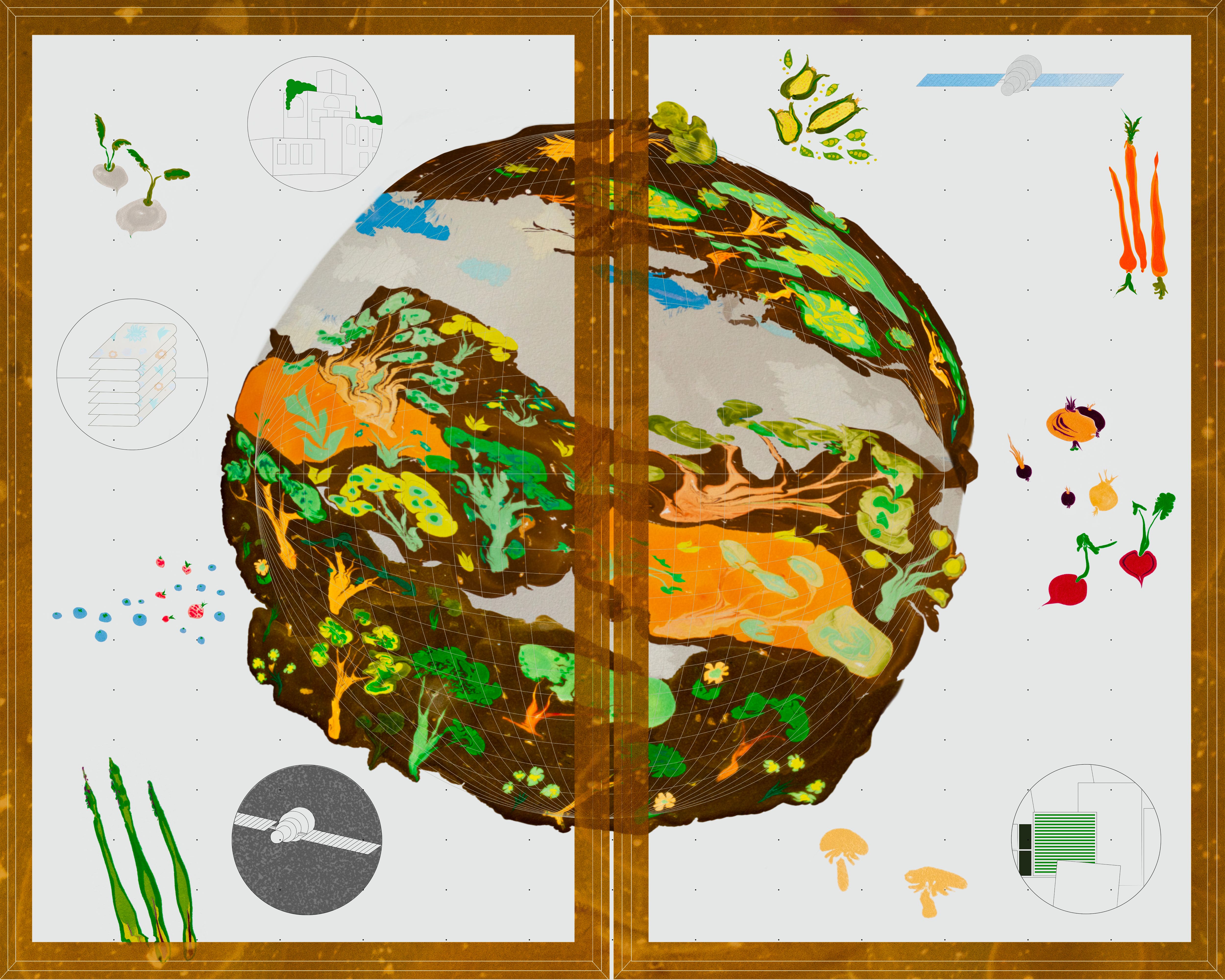 Lukas Eigler-Harding and Ariel Noltimier-Strauss, Half-Earth Diptych, 2021. Half-Earth Socialism is a utopian project of planetary proportions. Advances in linear programming and cybernetics create the possibility of consciously controlling the economy through in natura planning. A unified humanity could achieve equality politically and economically, allowing it to democratically decide how to allocate land between settlements that blur the town–country division and gigantic rewilded nature preserves.